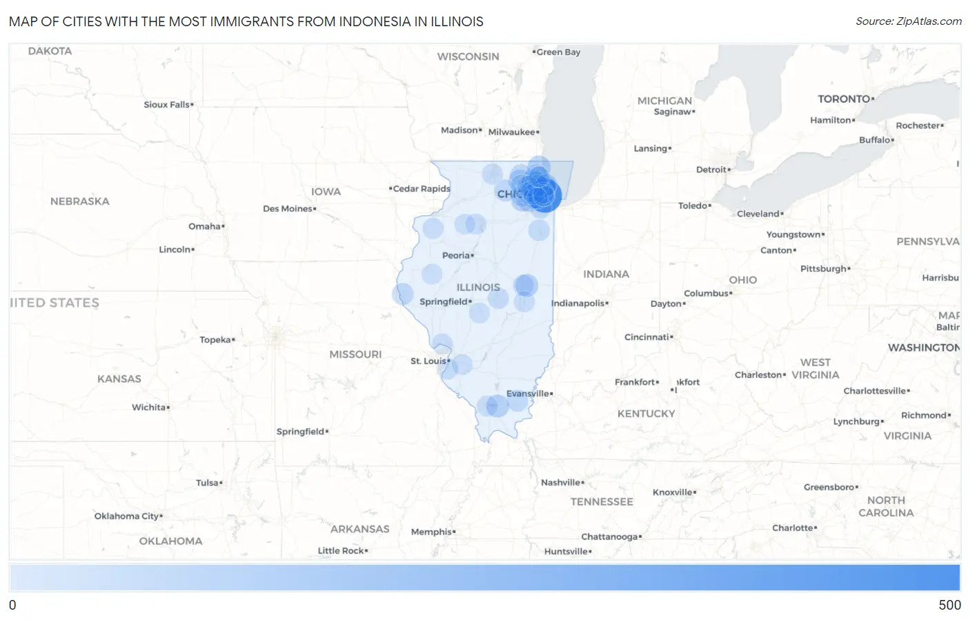 Cities with the Most Immigrants from Indonesia in Illinois Map