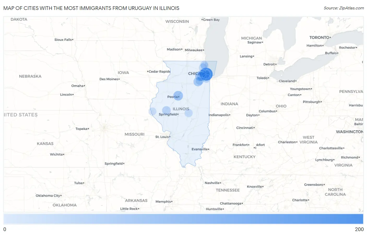 Cities with the Most Immigrants from Uruguay in Illinois Map