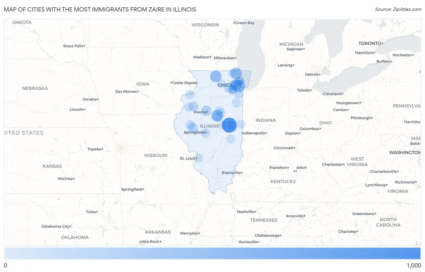 Cities with the Most Immigrants from Zaire in Illinois Map