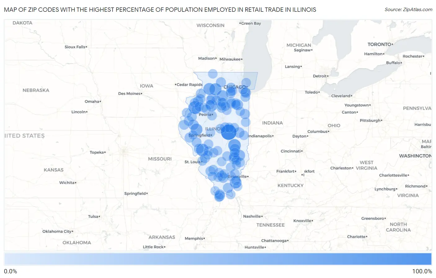 Zip Codes with the Highest Percentage of Population Employed in Retail Trade in Illinois Map