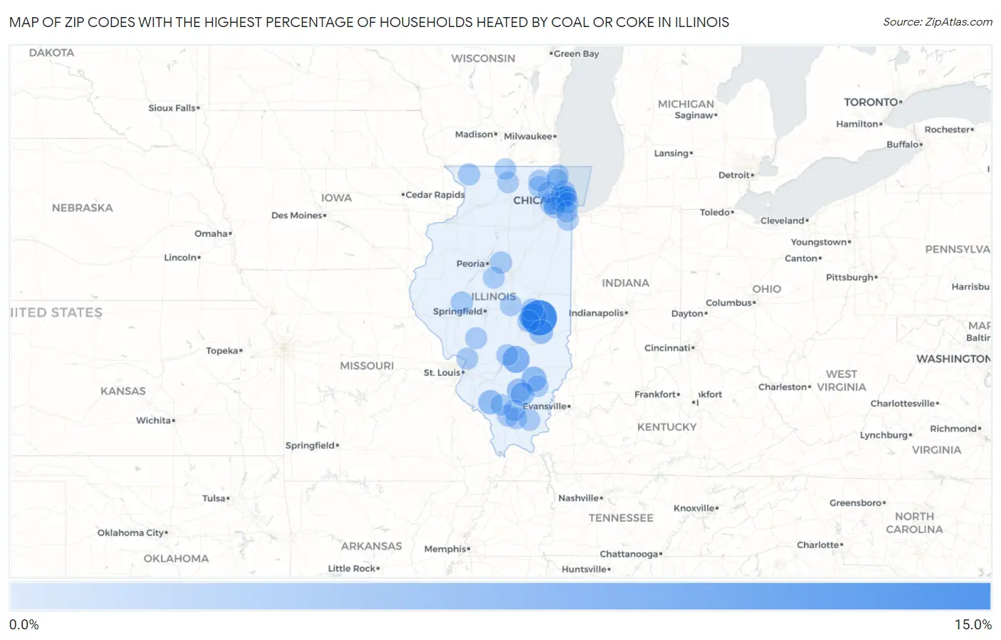 Zip Codes with the Highest Percentage of Households Heated by Coal or Coke in Illinois Map