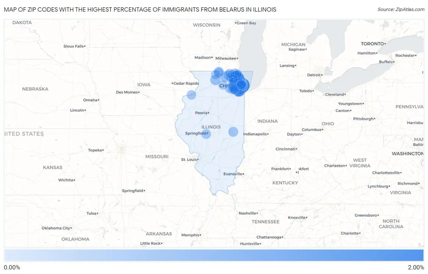 Zip Codes with the Highest Percentage of Immigrants from Belarus in Illinois Map