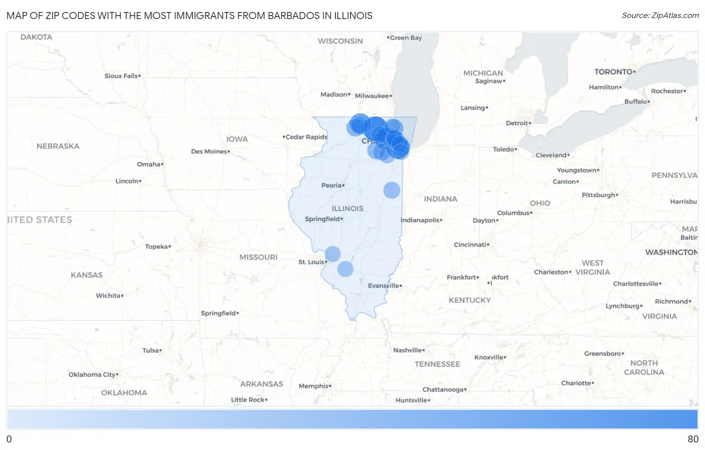 Zip Codes with the Most Immigrants from Barbados in Illinois Map