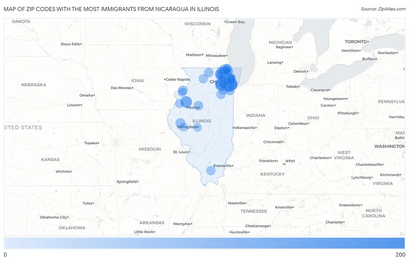 Zip Codes with the Most Immigrants from Nicaragua in Illinois Map