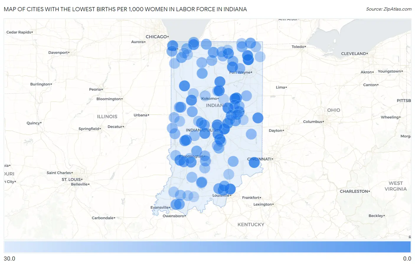 Cities with the Lowest Births per 1,000 Women in Labor Force in Indiana Map