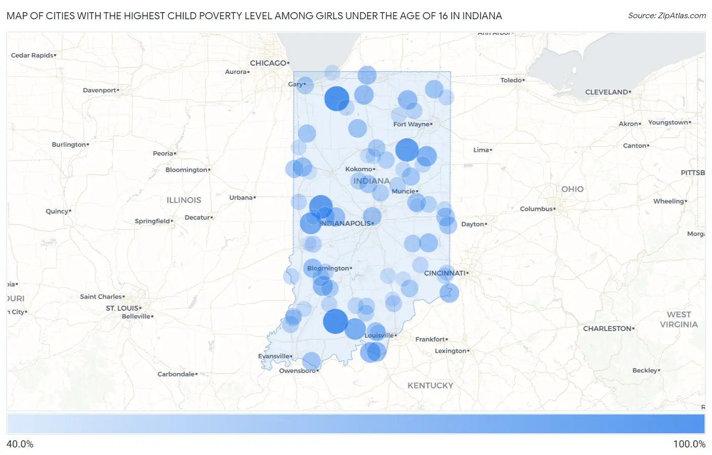 Cities with the Highest Child Poverty Level Among Girls Under the Age of 16 in Indiana Map