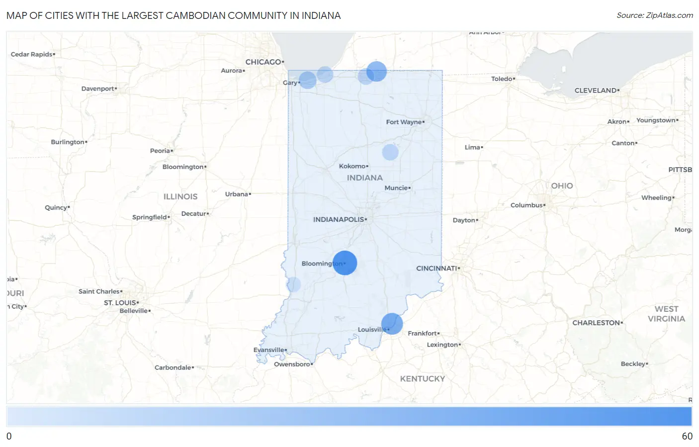 Cities with the Largest Cambodian Community in Indiana Map