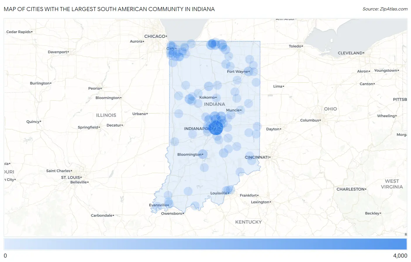 Cities with the Largest South American Community in Indiana Map