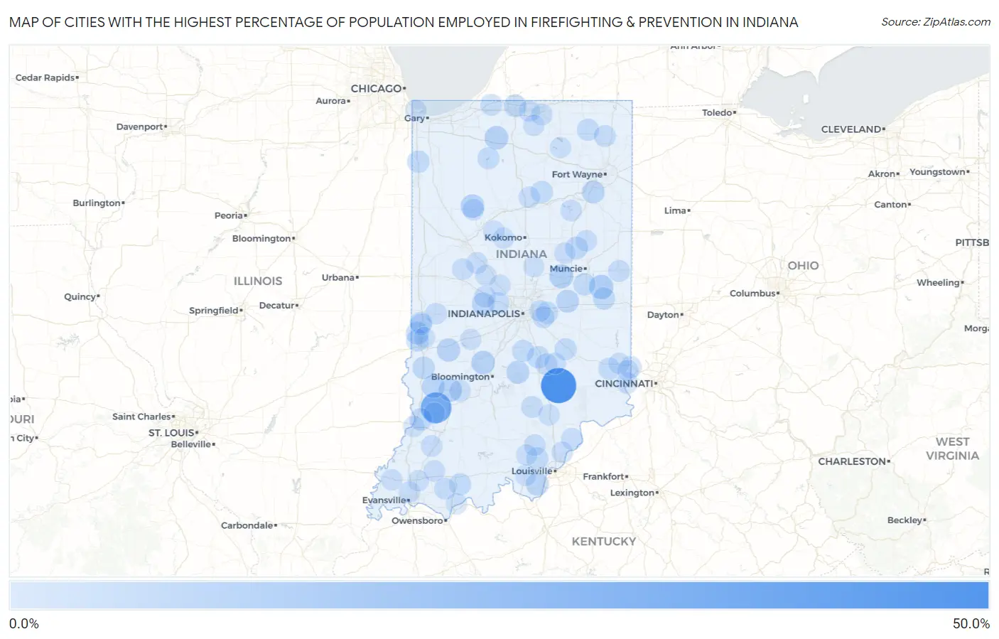 Cities with the Highest Percentage of Population Employed in Firefighting & Prevention in Indiana Map