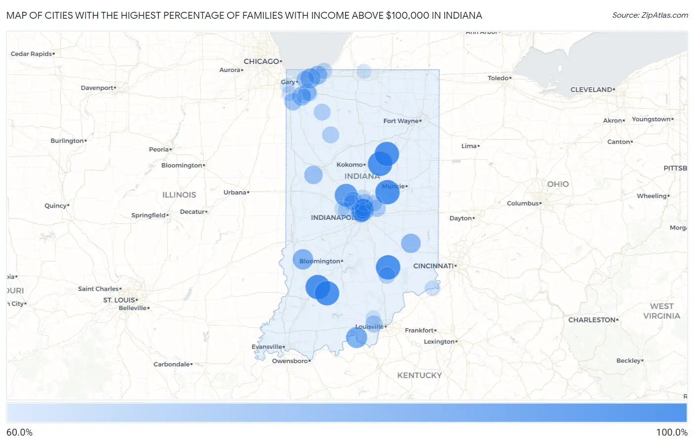 Cities with the Highest Percentage of Families with Income Above $100,000 in Indiana Map
