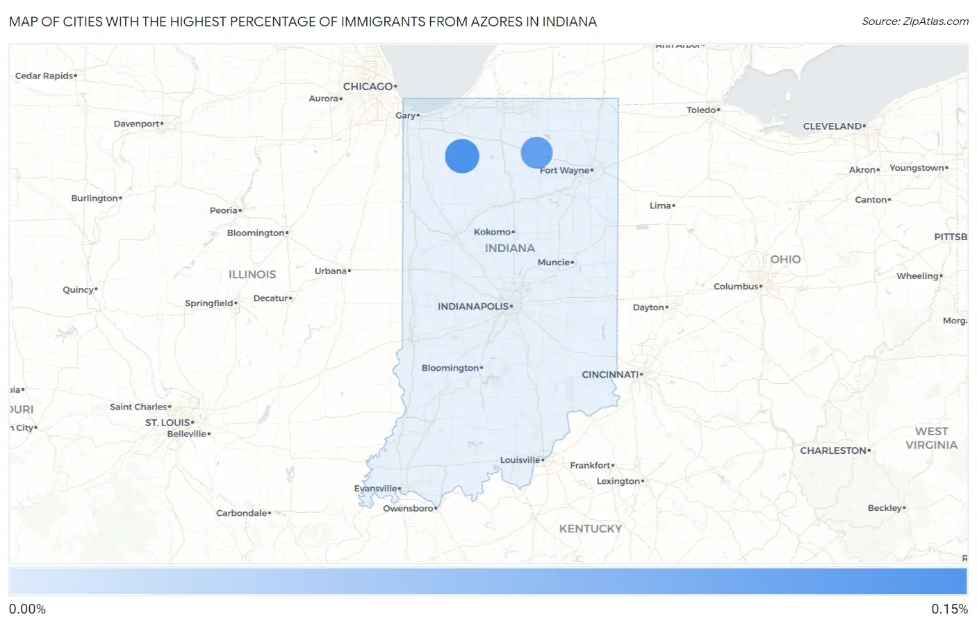 Cities with the Highest Percentage of Immigrants from Azores in Indiana Map