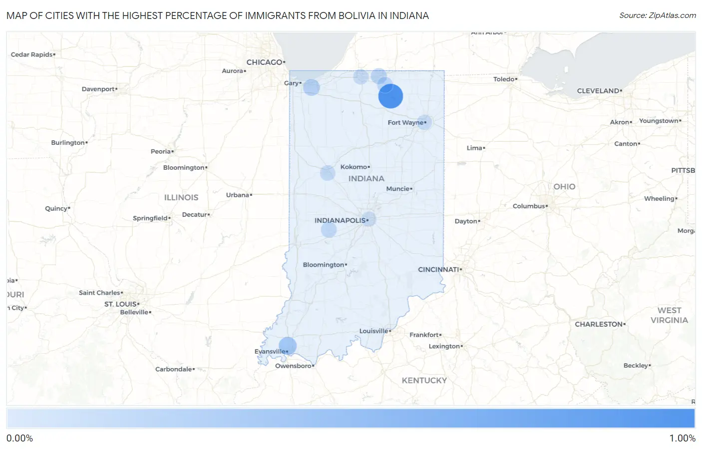 Cities with the Highest Percentage of Immigrants from Bolivia in Indiana Map