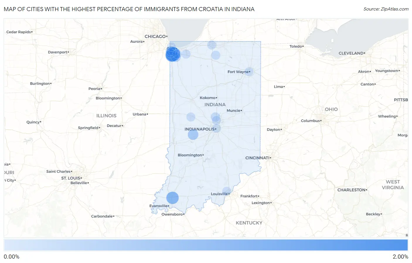 Cities with the Highest Percentage of Immigrants from Croatia in Indiana Map