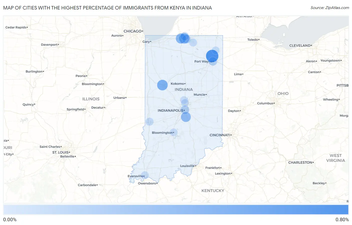 Cities with the Highest Percentage of Immigrants from Kenya in Indiana Map