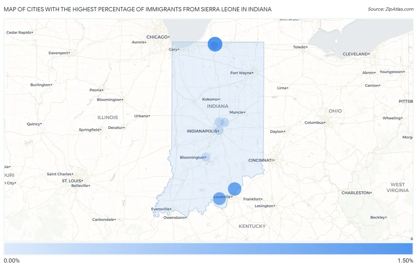 Cities with the Highest Percentage of Immigrants from Sierra Leone in Indiana Map