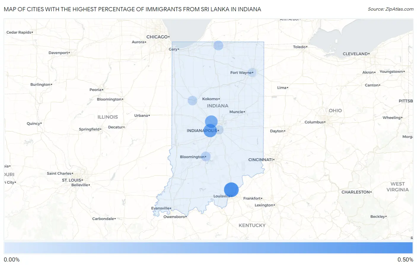 Cities with the Highest Percentage of Immigrants from Sri Lanka in Indiana Map