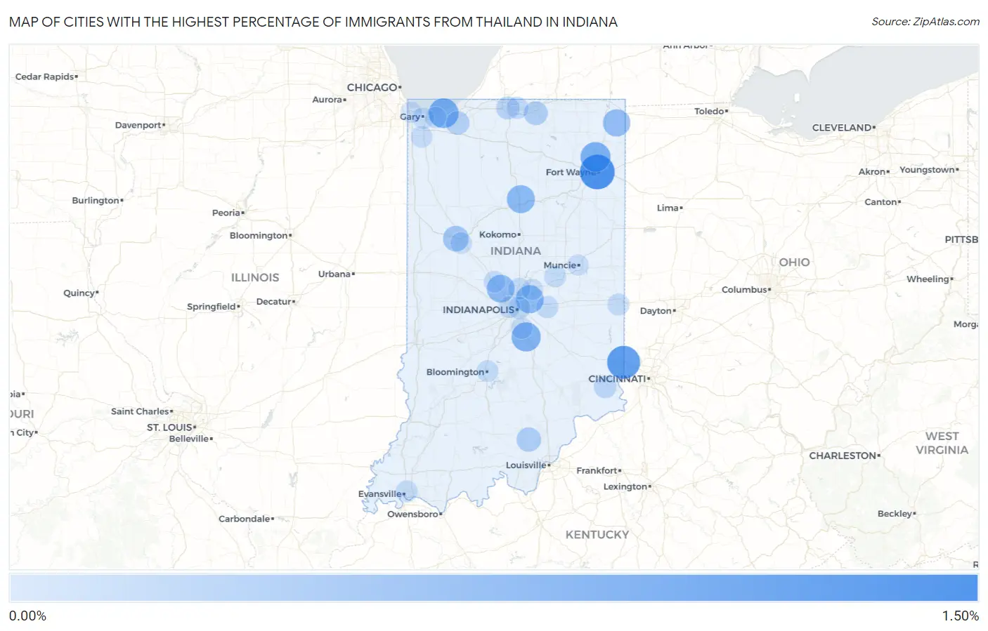 Cities with the Highest Percentage of Immigrants from Thailand in Indiana Map
