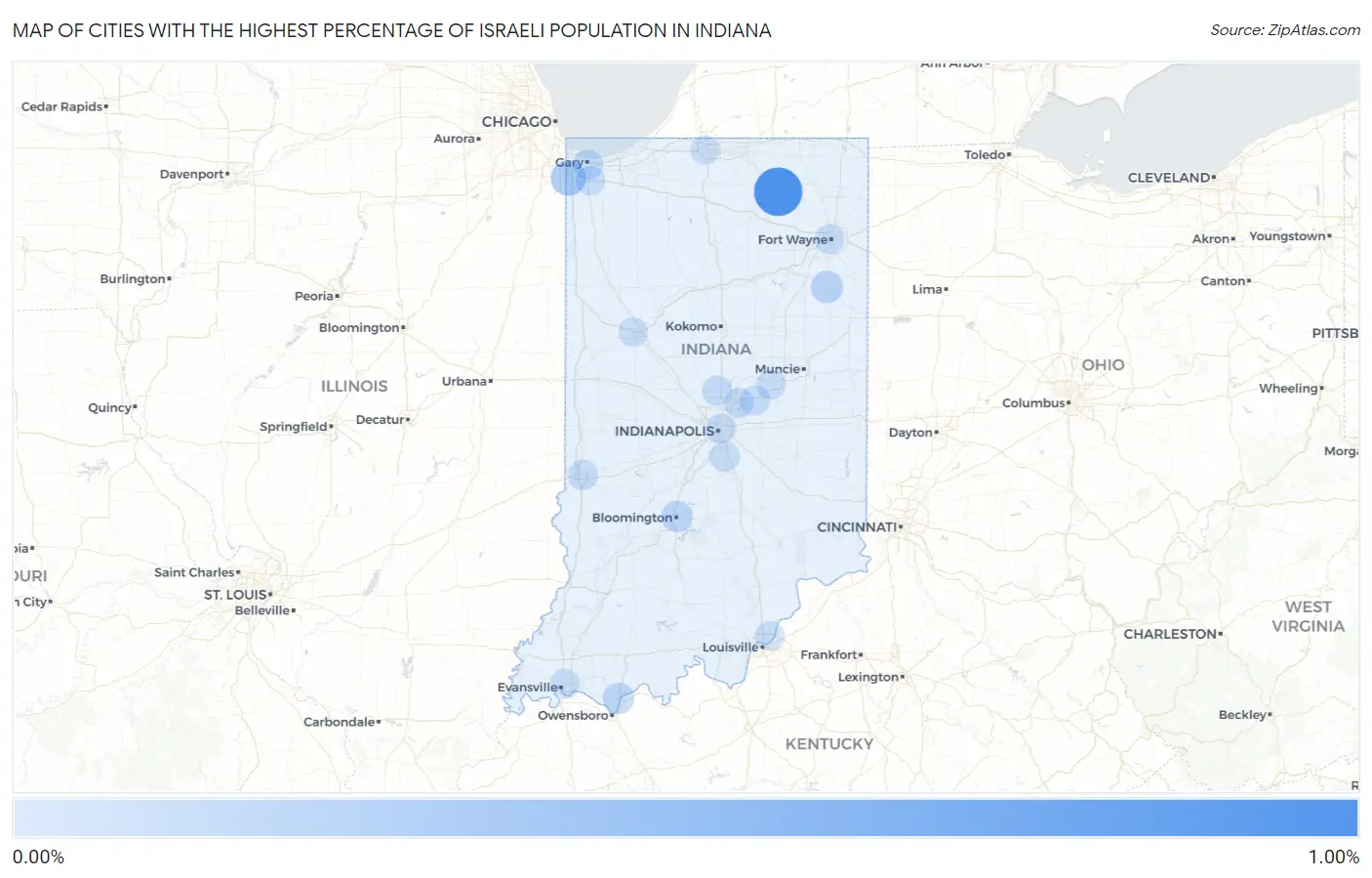 Cities with the Highest Percentage of Israeli Population in Indiana Map