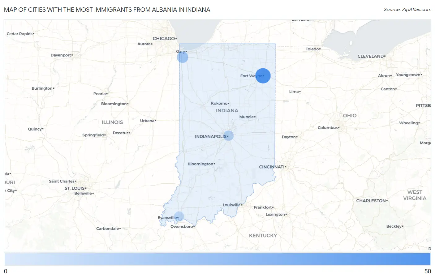 Cities with the Most Immigrants from Albania in Indiana Map