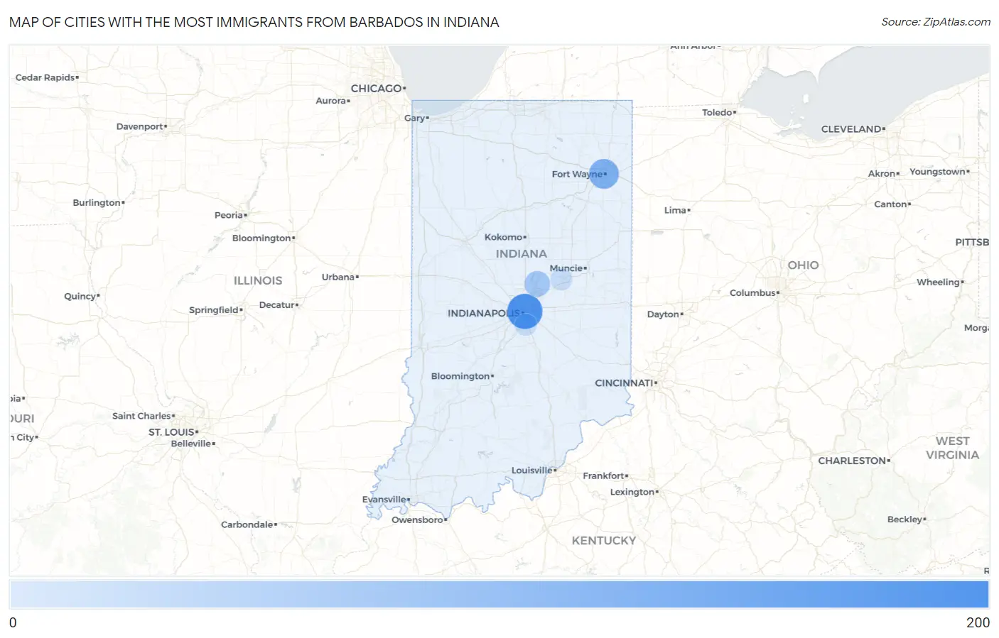 Cities with the Most Immigrants from Barbados in Indiana Map