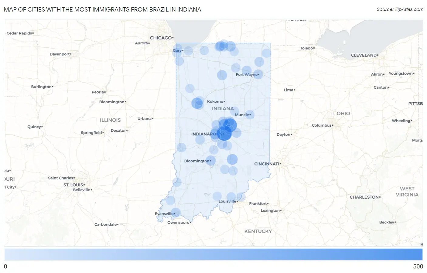 Cities with the Most Immigrants from Brazil in Indiana Map
