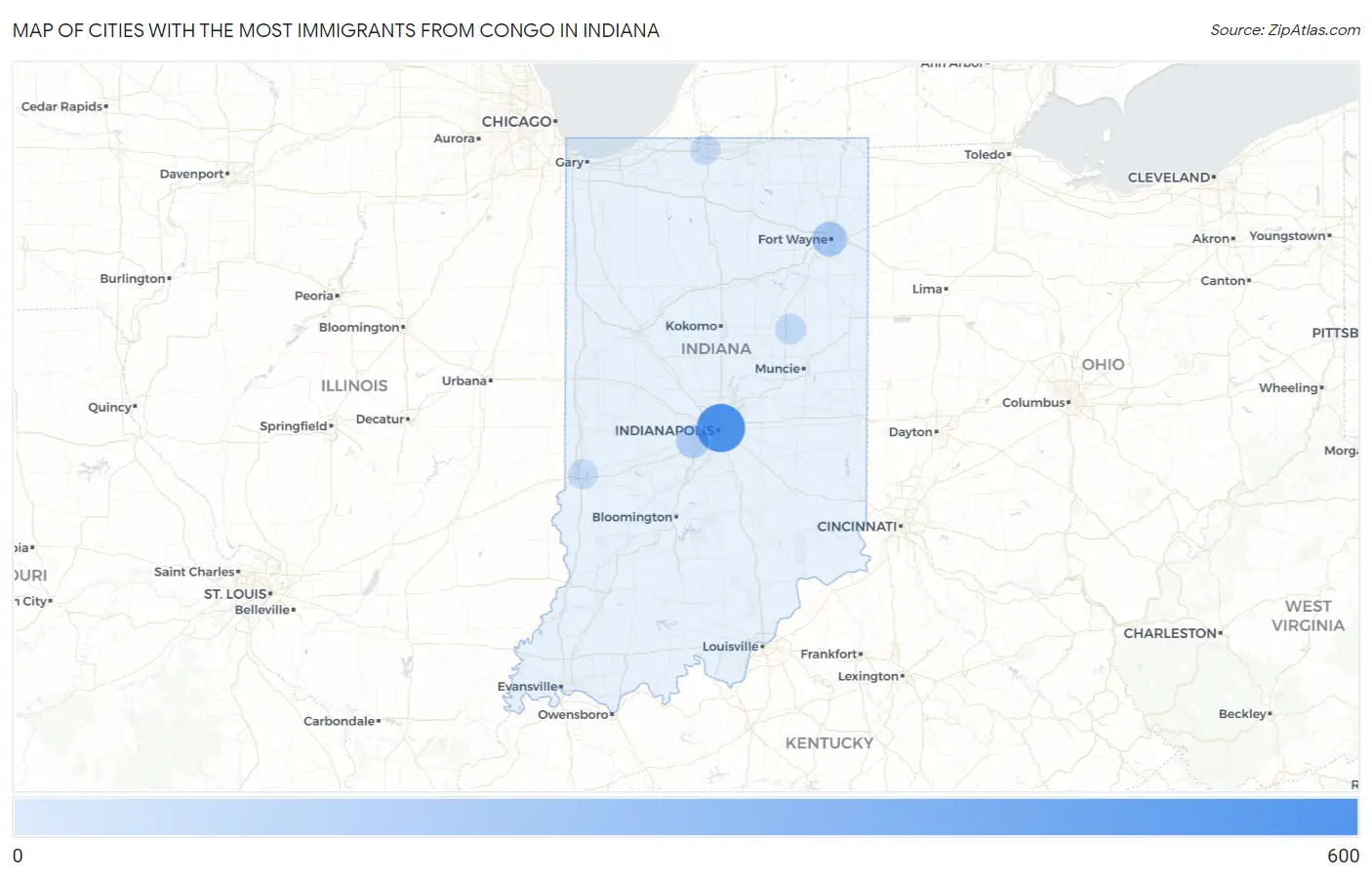 Cities with the Most Immigrants from Congo in Indiana Map