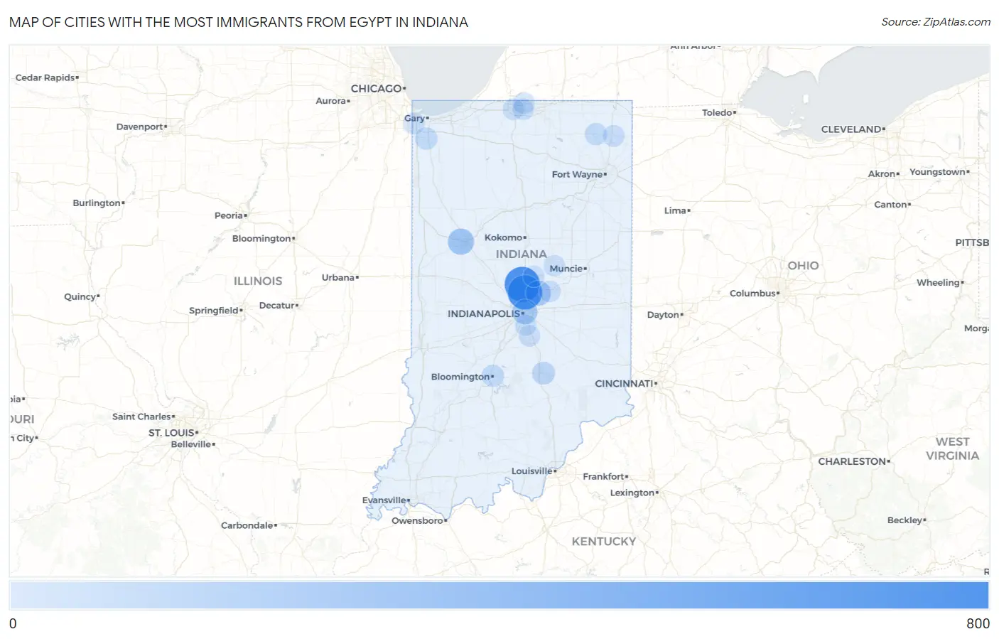Cities with the Most Immigrants from Egypt in Indiana Map