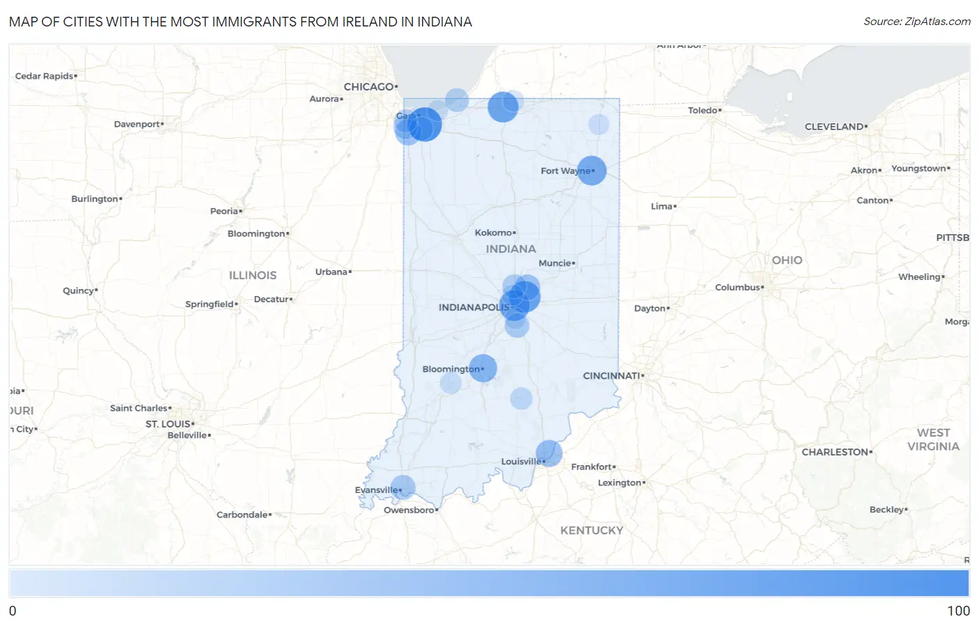 Cities with the Most Immigrants from Ireland in Indiana Map