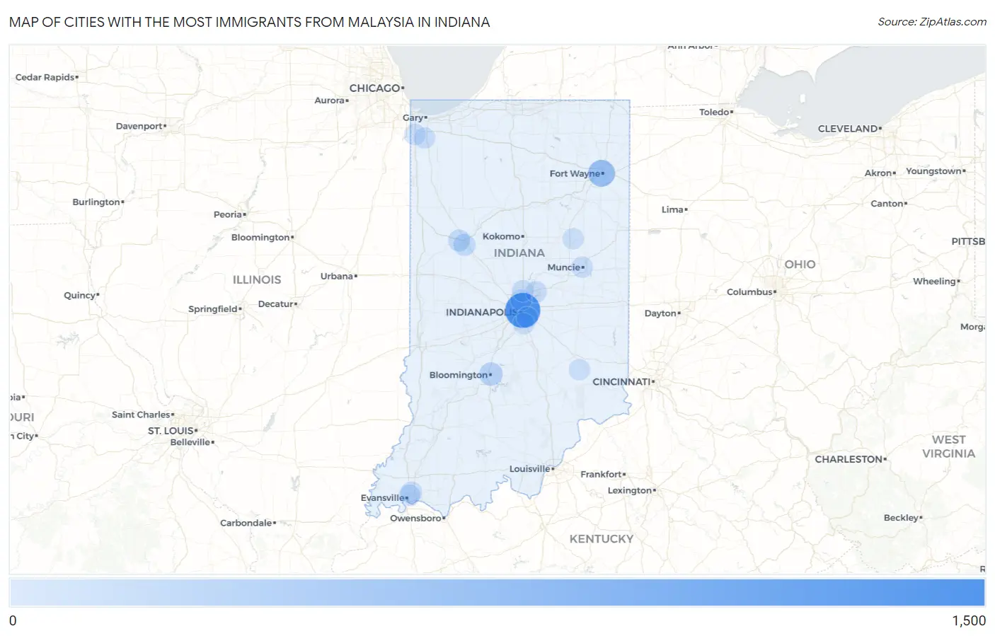 Cities with the Most Immigrants from Malaysia in Indiana Map