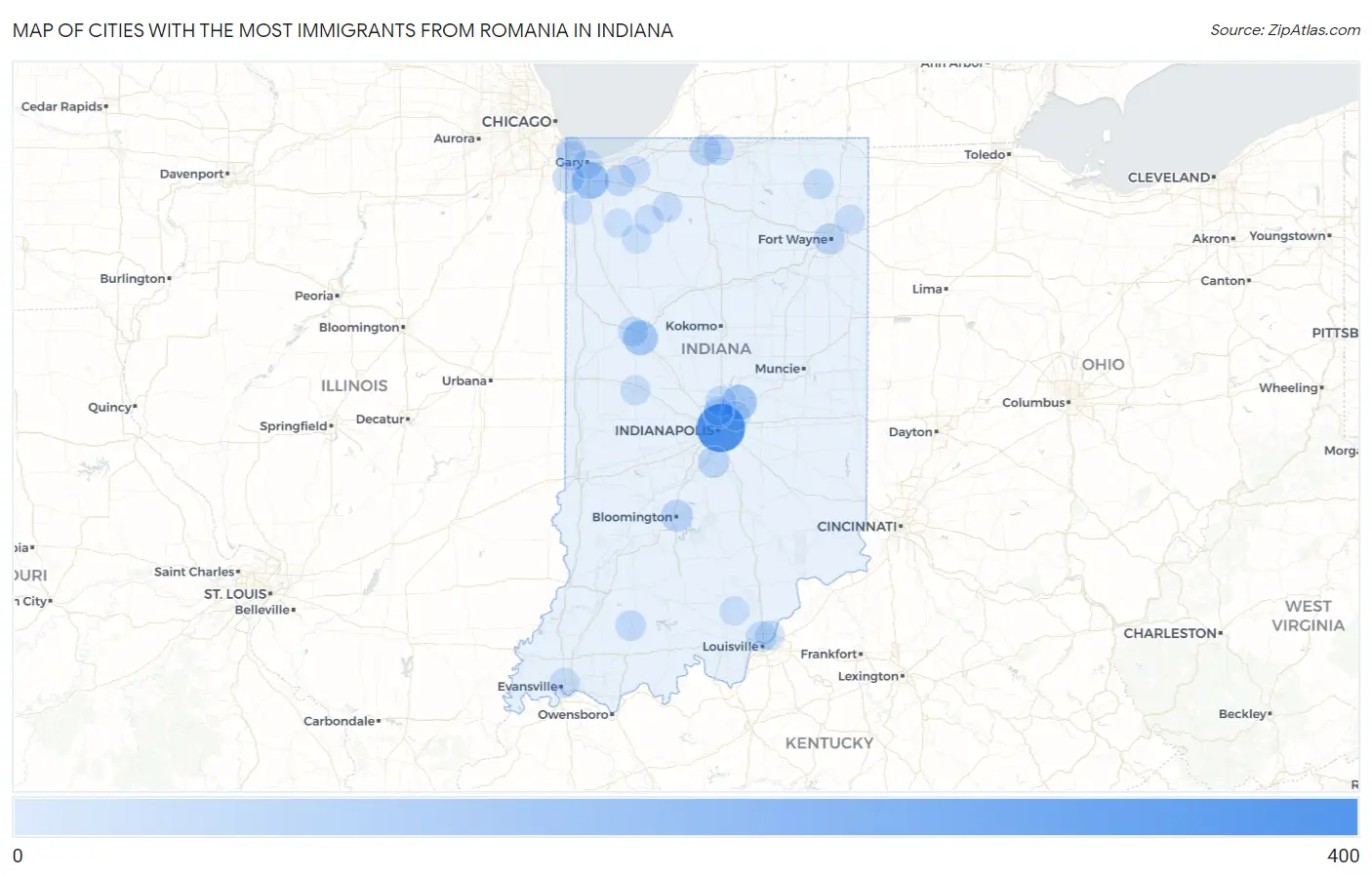 Cities with the Most Immigrants from Romania in Indiana Map