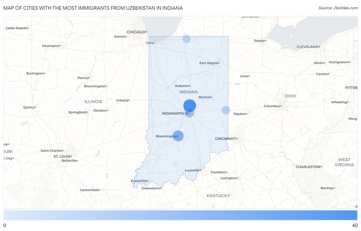 Cities with the Most Immigrants from Uzbekistan in Indiana Map