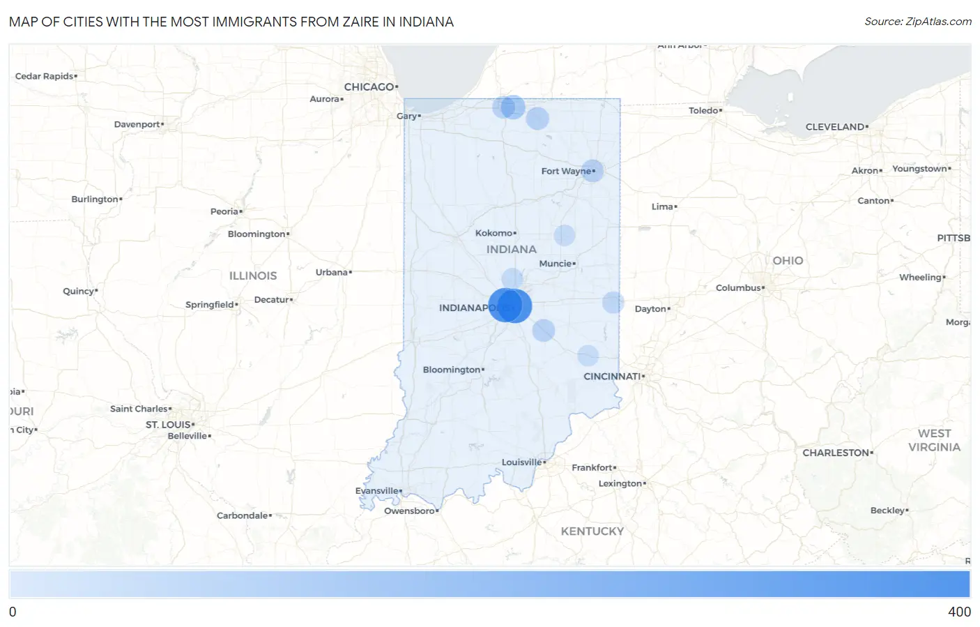 Cities with the Most Immigrants from Zaire in Indiana Map