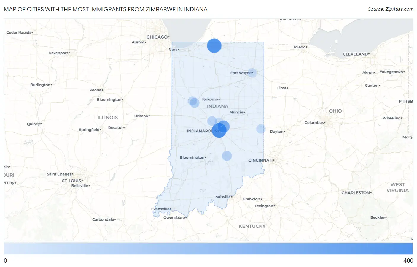 Cities with the Most Immigrants from Zimbabwe in Indiana Map