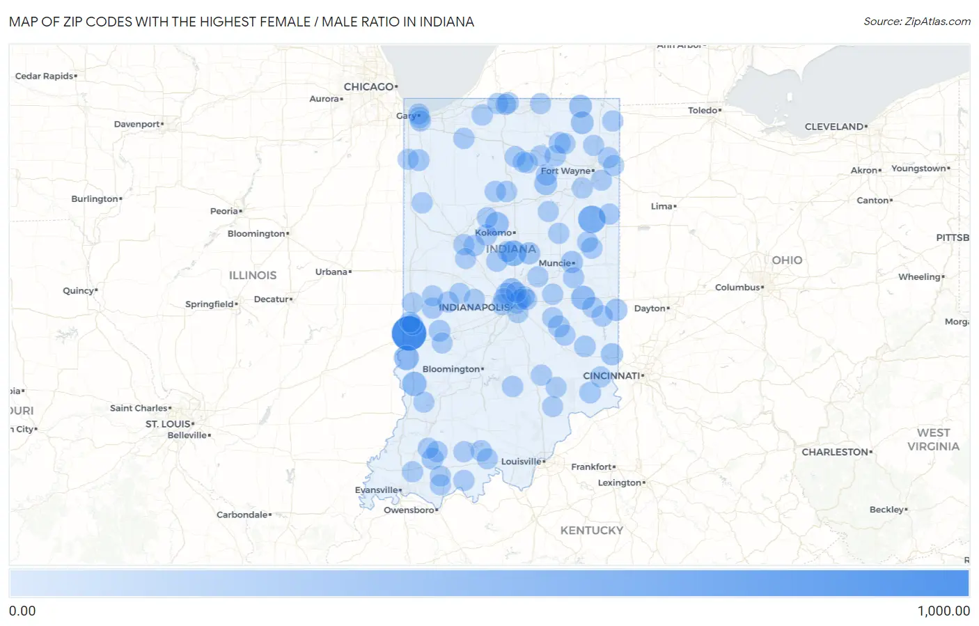 Zip Codes with the Highest Female / Male Ratio in Indiana Map