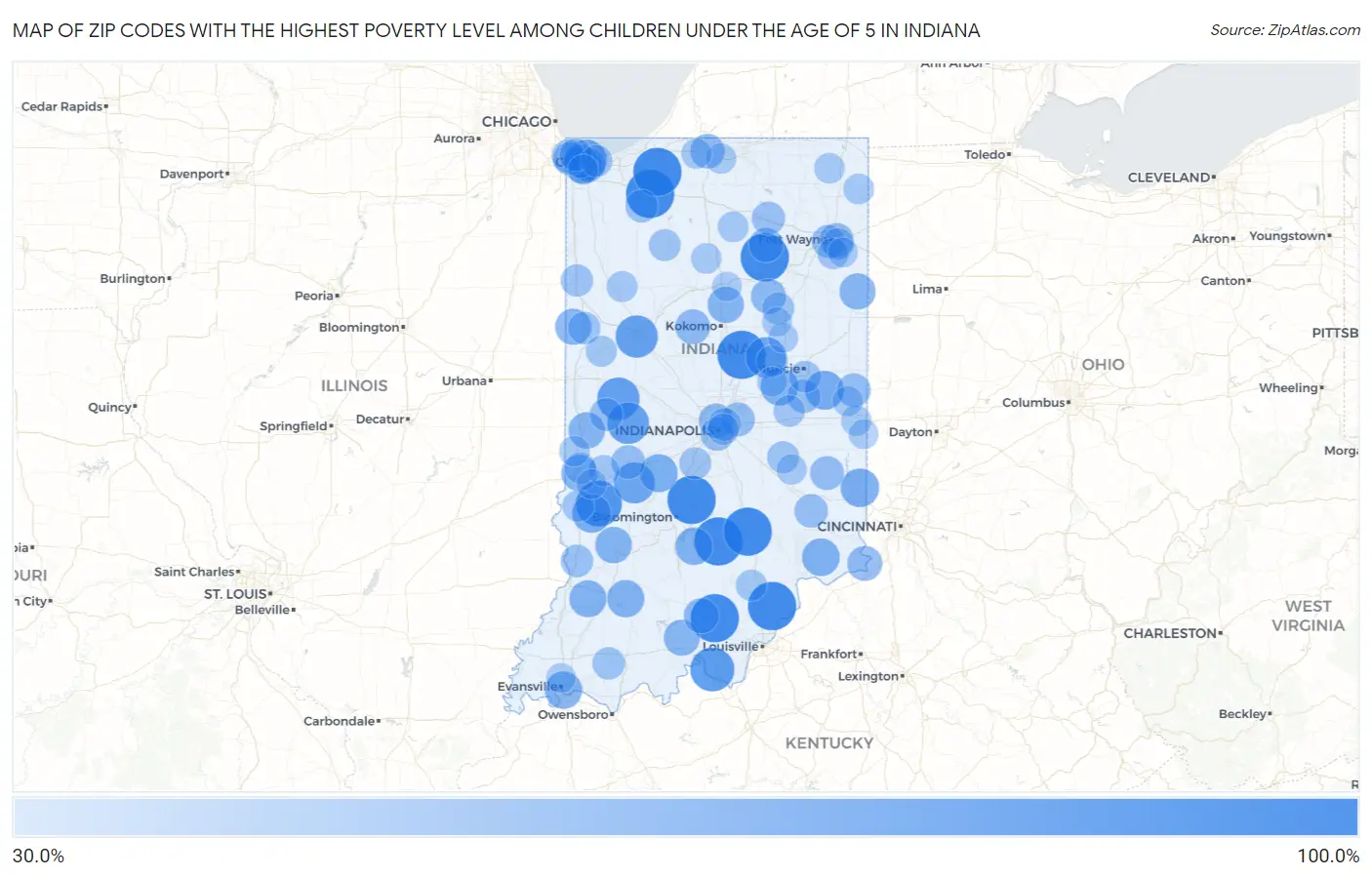 Zip Codes with the Highest Poverty Level Among Children Under the Age of 5 in Indiana Map