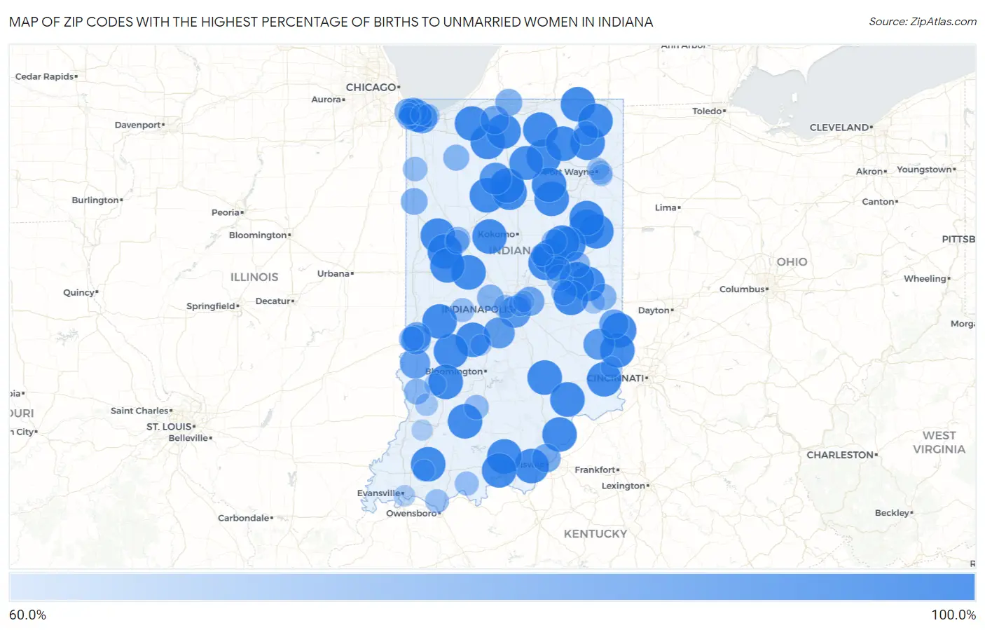 Zip Codes with the Highest Percentage of Births to Unmarried Women in Indiana Map