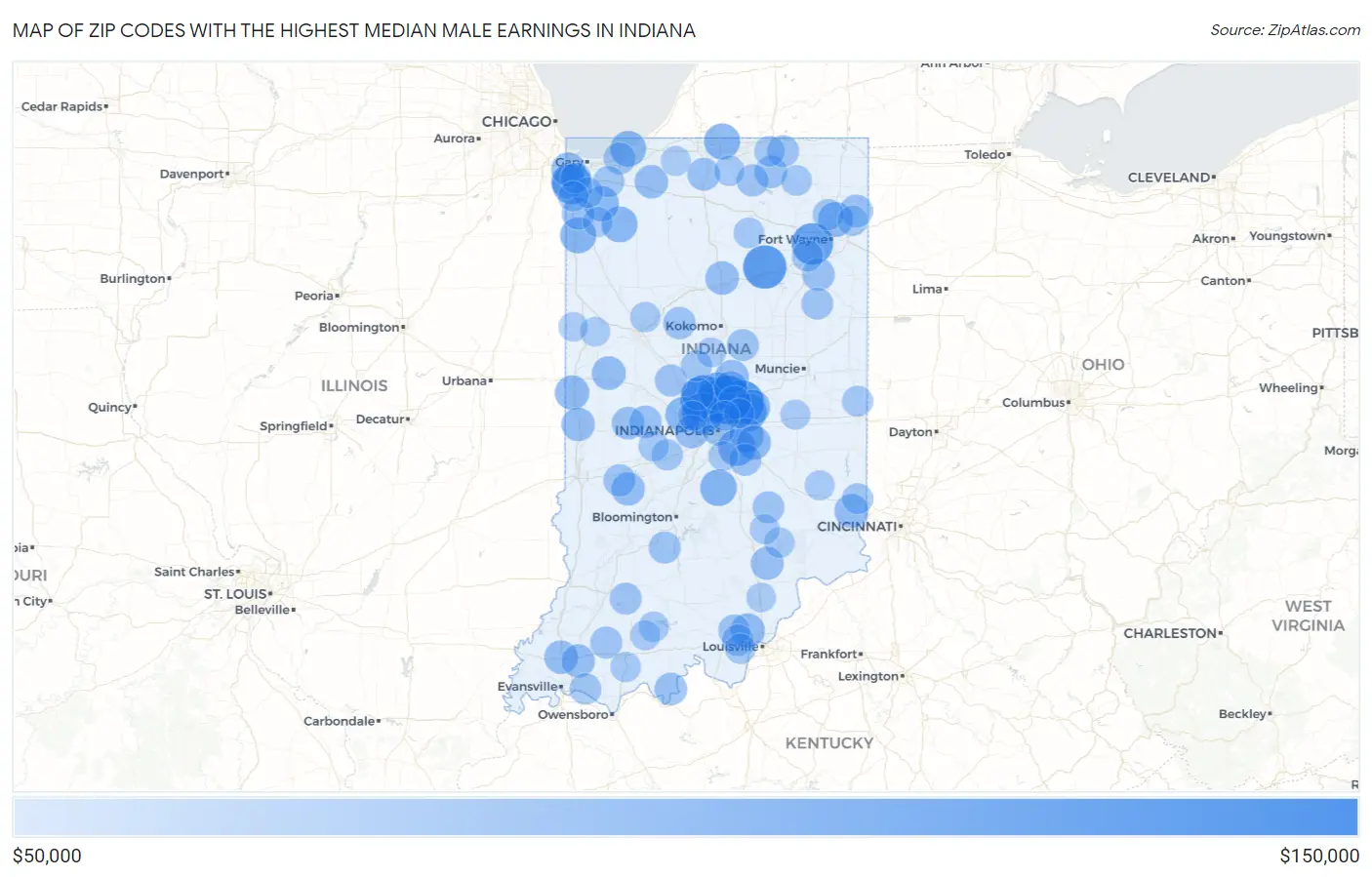 Zip Codes with the Highest Median Male Earnings in Indiana Map