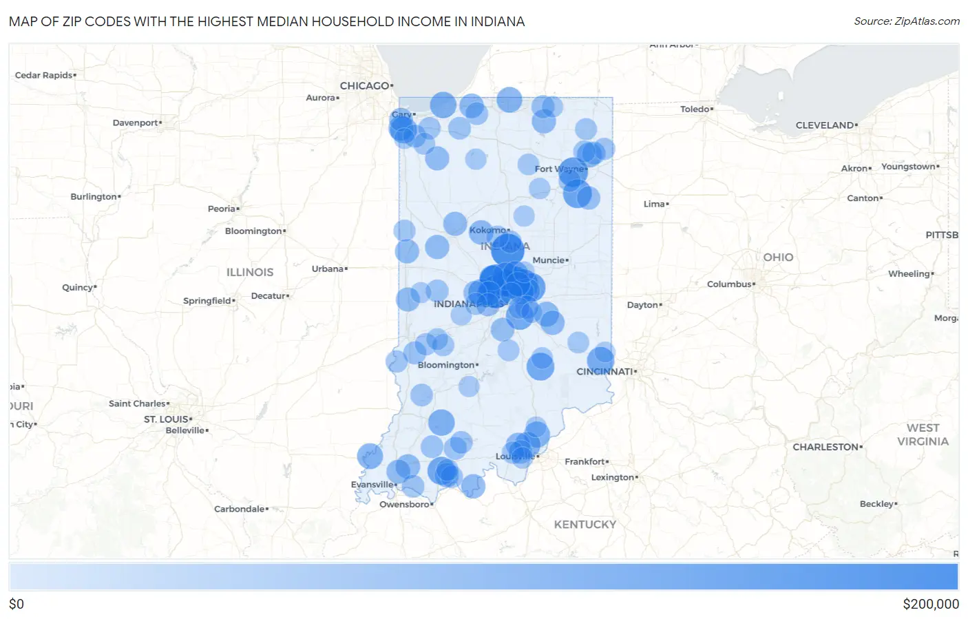 Zip Codes with the Highest Median Household Income in Indiana Map