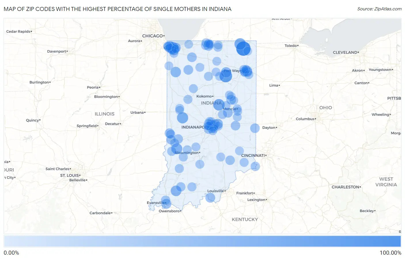 Zip Codes with the Highest Percentage of Single Mothers in Indiana Map