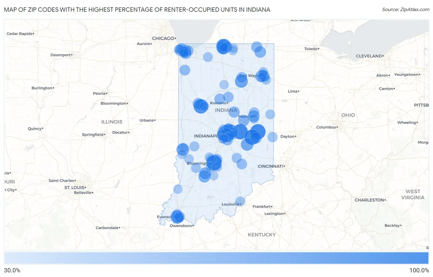 Zip Codes with the Highest Percentage of Renter-Occupied Units in Indiana Map