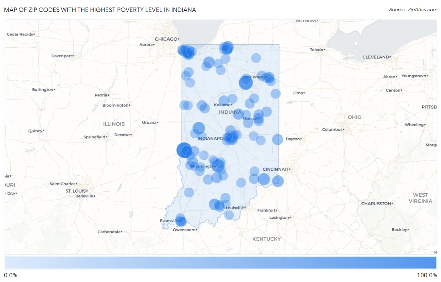 Zip Codes with the Highest Poverty Level in Indiana Map
