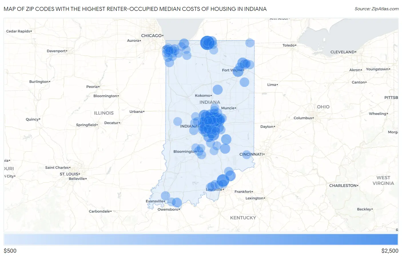 Zip Codes with the Highest Renter-Occupied Median Costs of Housing in Indiana Map
