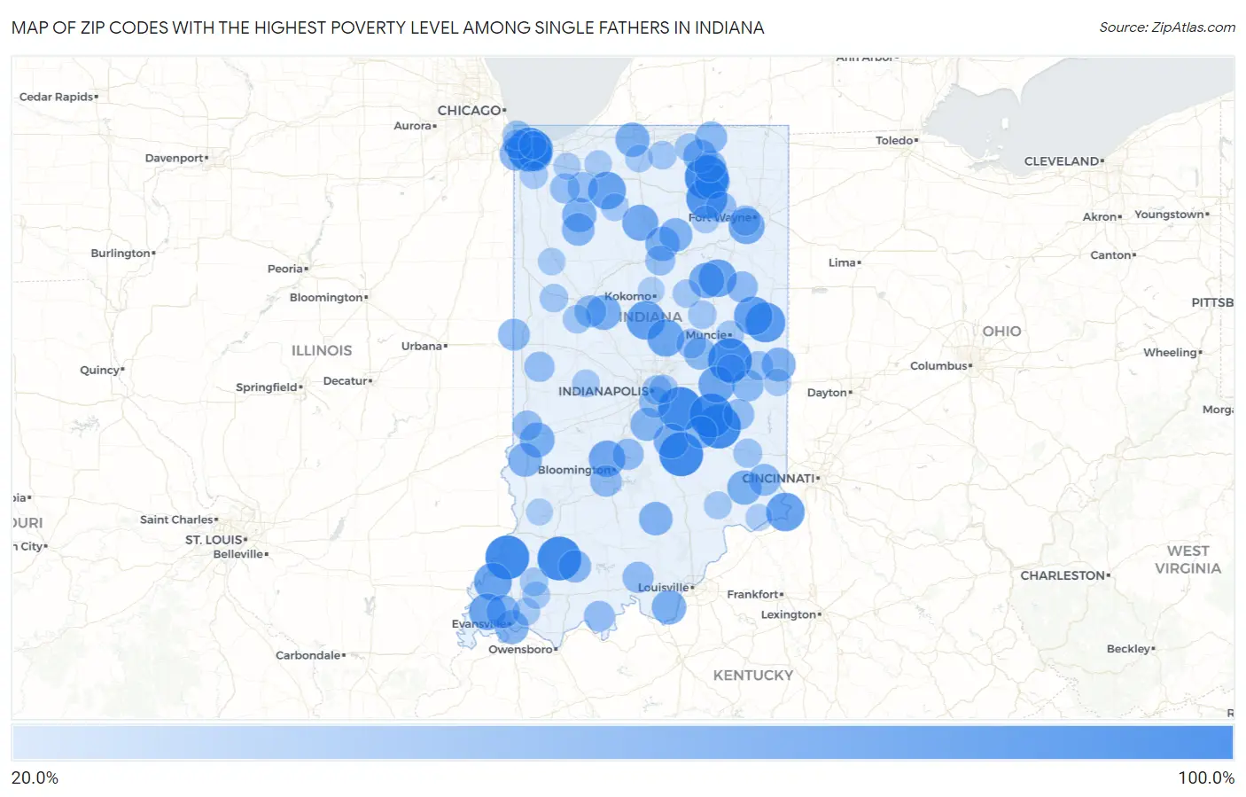 Zip Codes with the Highest Poverty Level Among Single Fathers in Indiana Map