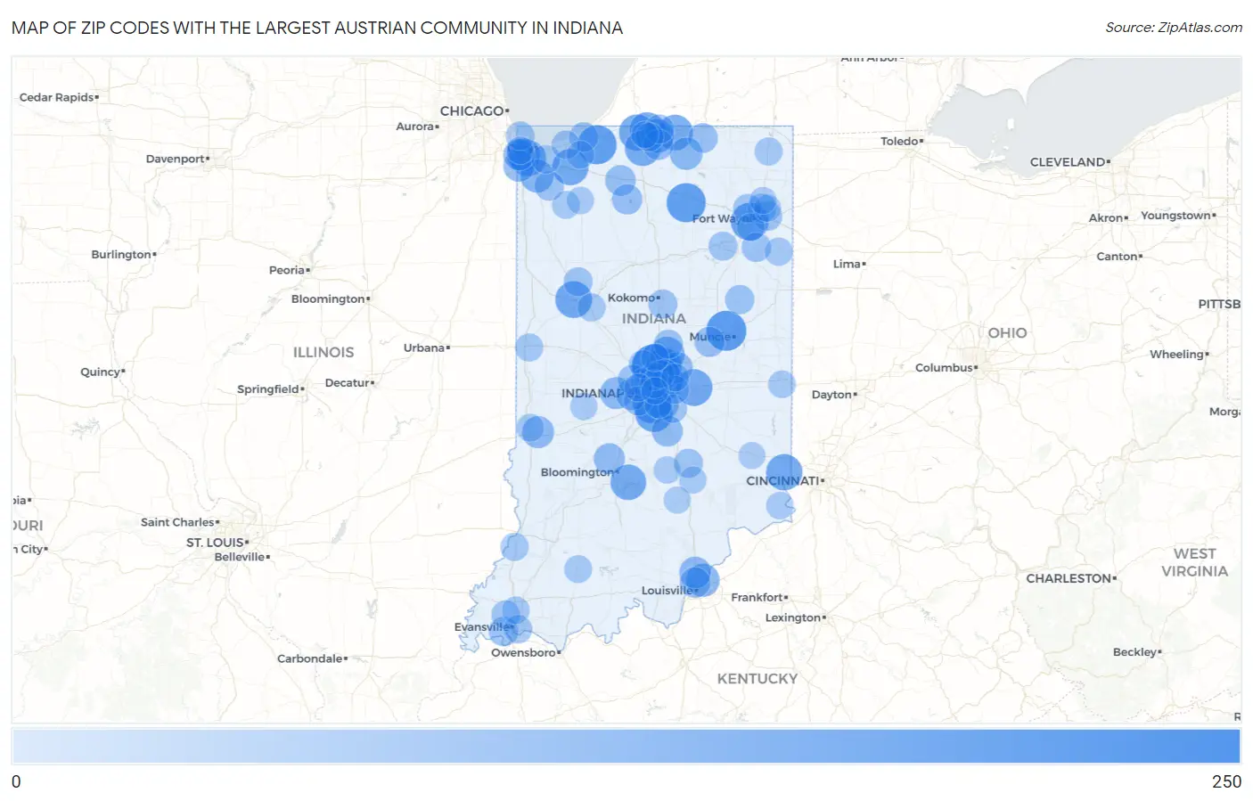 Zip Codes with the Largest Austrian Community in Indiana Map