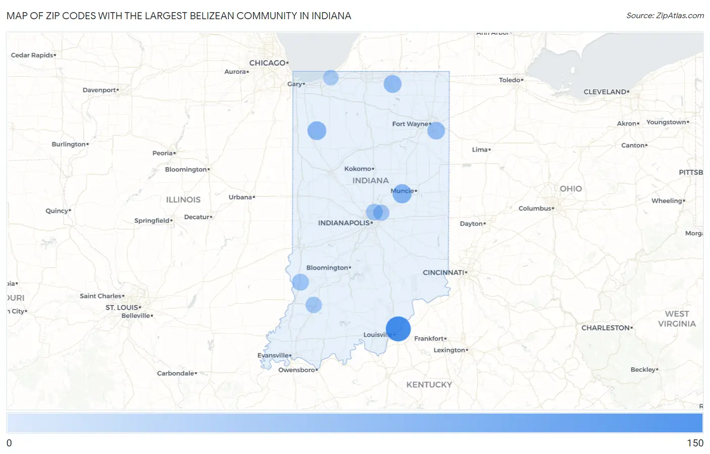 Zip Codes with the Largest Belizean Community in Indiana Map