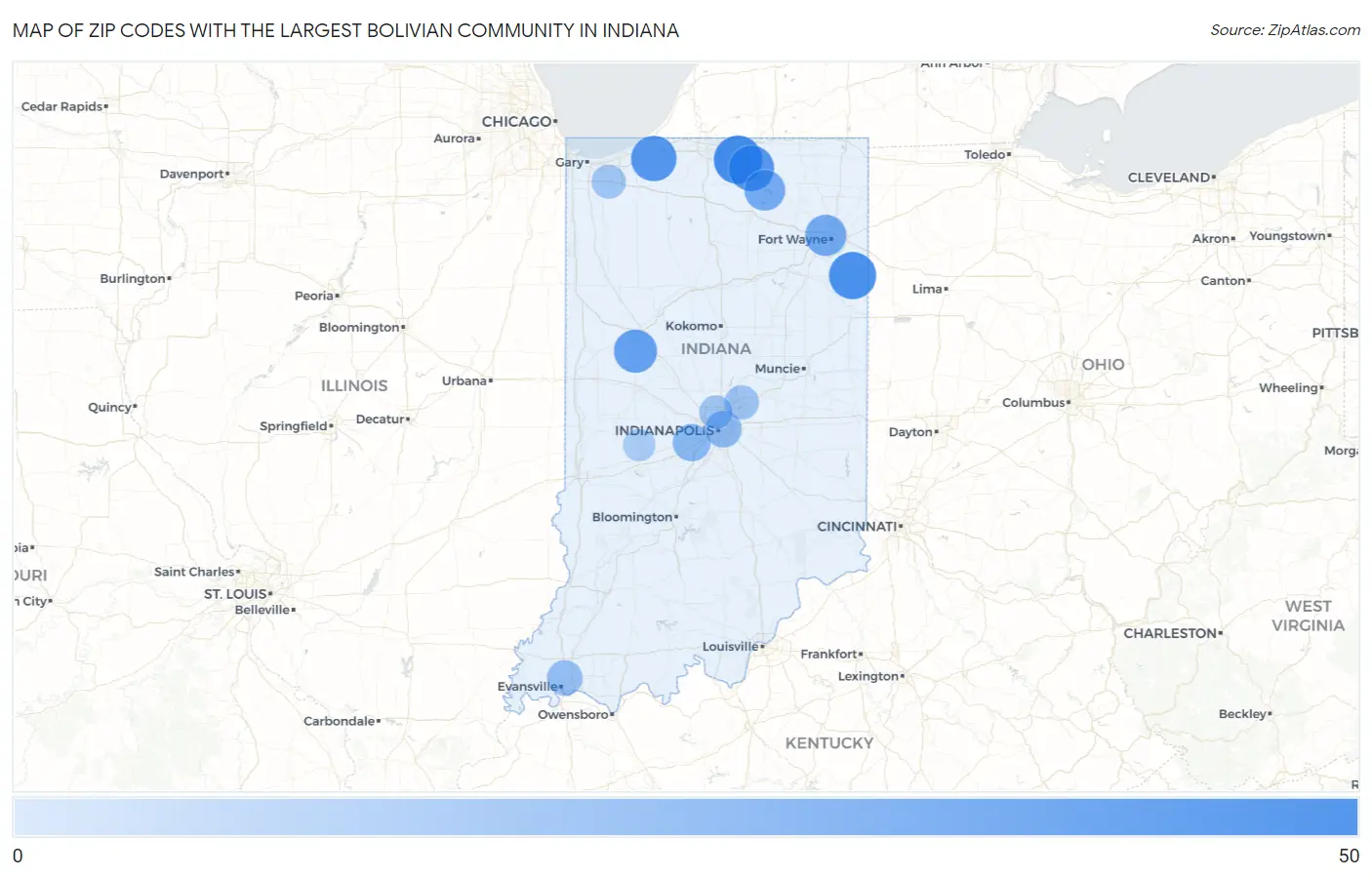 Zip Codes with the Largest Bolivian Community in Indiana Map