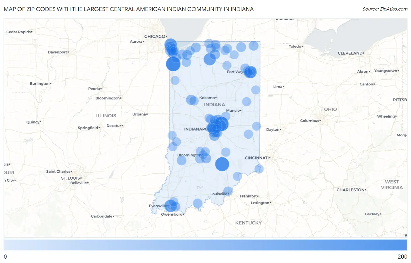 Zip Codes with the Largest Central American Indian Community in Indiana Map