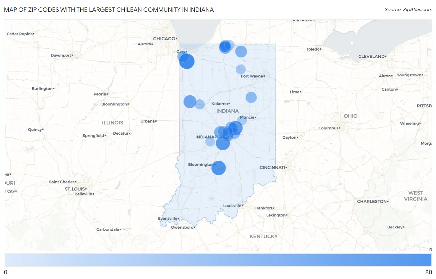 Zip Codes with the Largest Chilean Community in Indiana Map