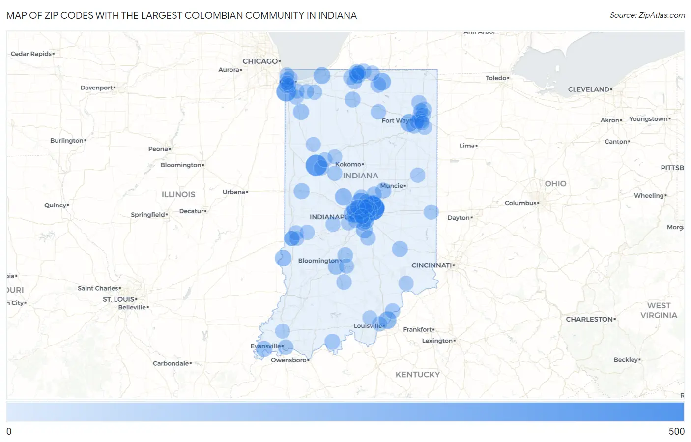 Zip Codes with the Largest Colombian Community in Indiana Map