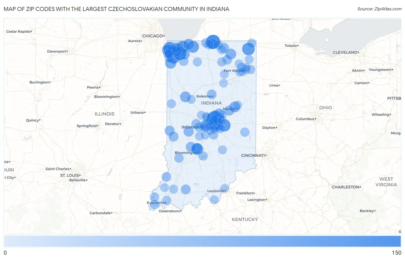 Zip Codes with the Largest Czechoslovakian Community in Indiana Map